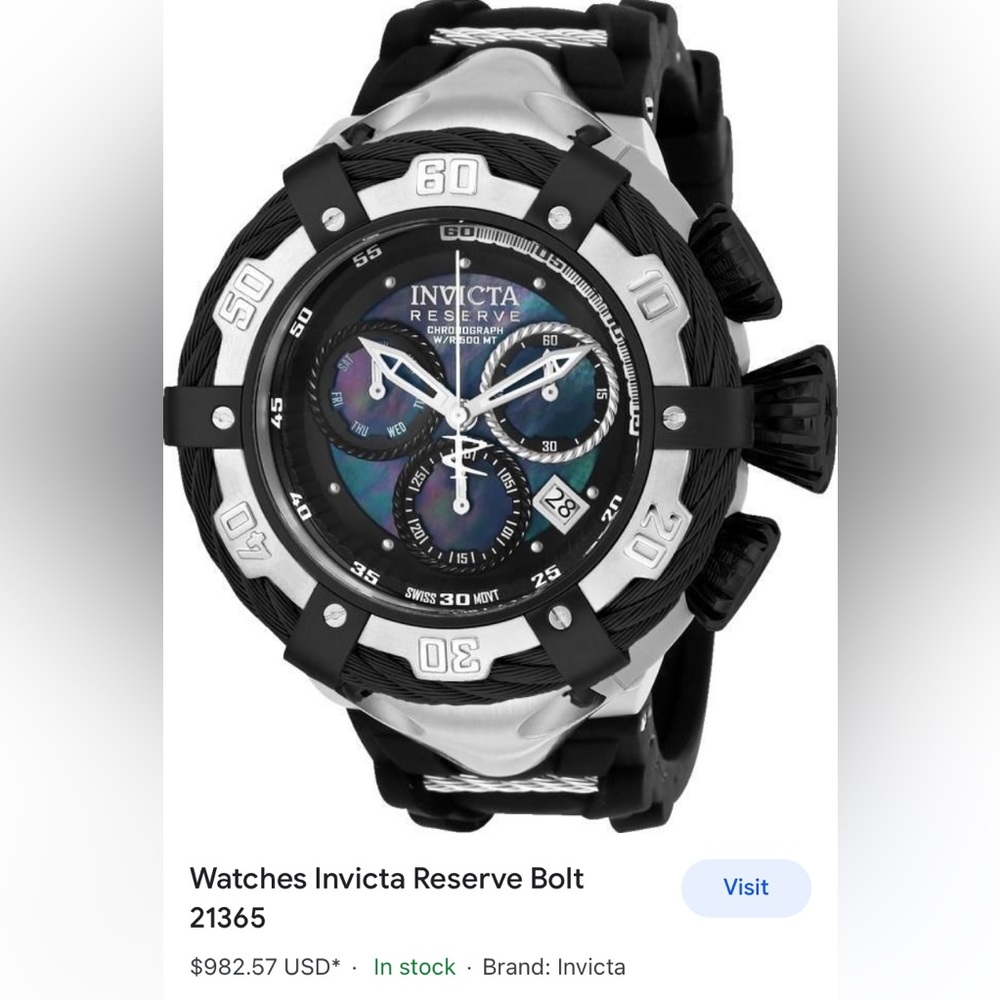 Invicta Reserve Bolt Watch with Silicone Strap, Black, Mother of Pearl